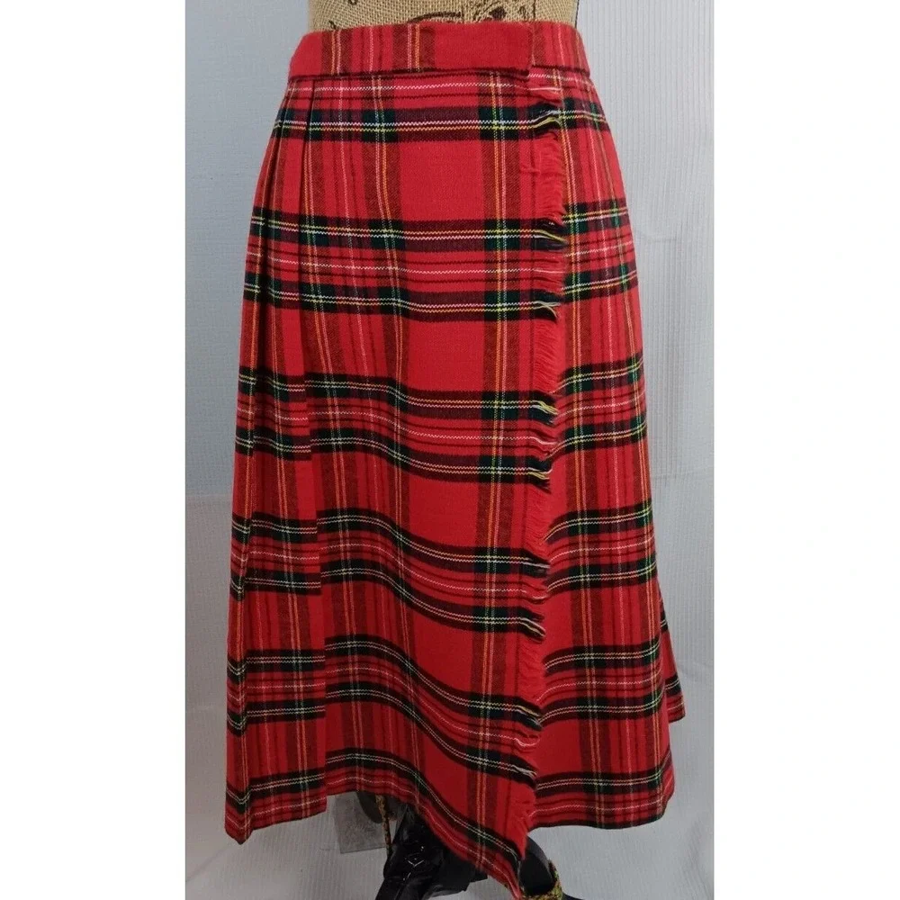 Pleated Tartan Checkered‎ Red Plaid Round Long A-Line Wrap Skirt Sm - Med AA439